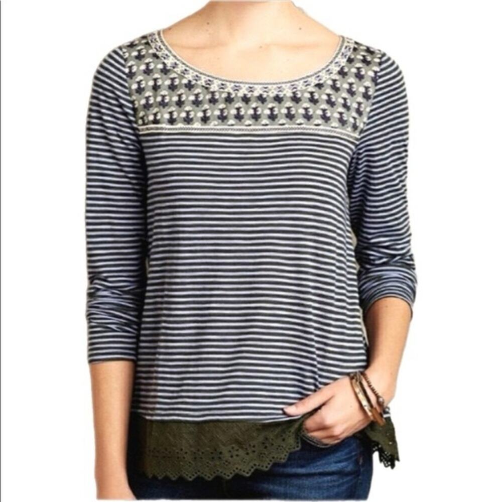 Anthropologie Little Yellow Button Striped Eyelet Long Sleeve Top Size Medium